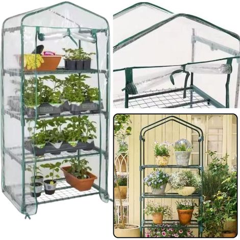 Mini serre de balcon avec 4 étagères métalliques et revêtement en PVC, dimensions : 69 x 49 x 157 cm.