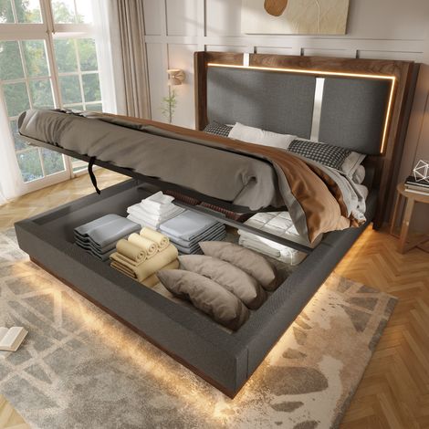 Letto matrimoniale 140x190 cm grigio e noce in lino e legno con LED e vano contenitore (1/5)