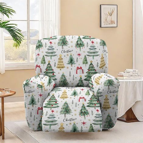 Funda para sillón reclinable eléctrico de 1 plaza con estampado de árbol de Navidad y bolsillo lateral. (1/5)