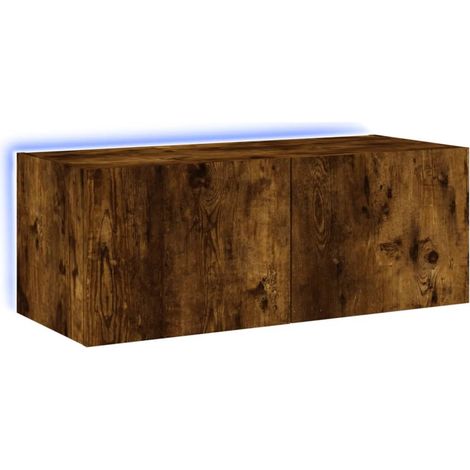 Mueble TV multimedia estante para televisión buffet para televisión comedor salón dormitorio suspendido con luces LED roble ahumado 80 x 35 x 31 cm marrón 020027996
