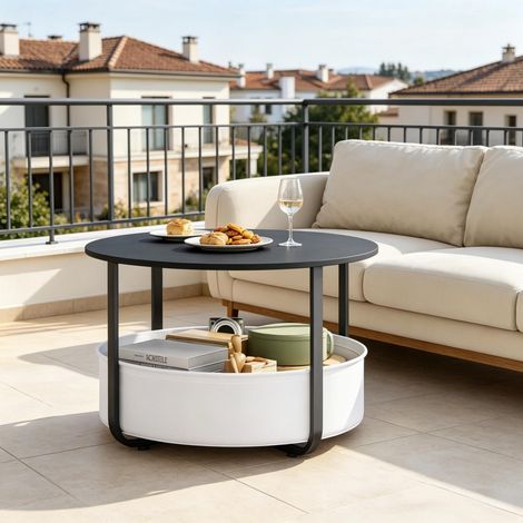 Table basse ronde - Ø80x50 cm - Bout de canapé fixe avec grand panier de rangement en toile lin - Noir (1/5)