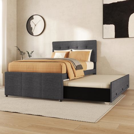 Cadre de lit rembourré gris 90x200 cm (90x190 cm), sommier avec 3 tiroirs de rangement et lit gigogne escamotable, tête de lit ajustable, sans matelas (1/4)
