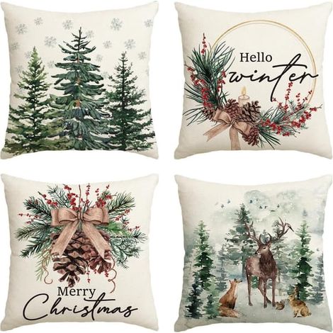 Ensemble de 4 housses de coussin de Noël, 45 x 45 cm, motifs sapins et rennes, housses de coussin décoratives pour canapé et salon, idéales pour l'hiver et Noël (1/5)