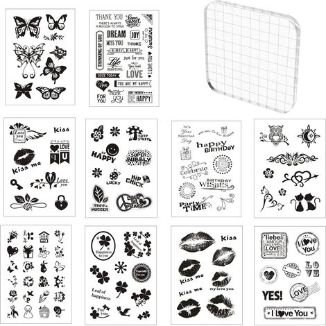 Tampon Silicone Scrapbooking, 10 Pièces Tampons Transparents avec 1 Pièces Tampon Encreur Acrylique 10x10 cm, Tampons Clear pour DIY Scrapbooking Décoration Photo Album Journalisation (1/5)