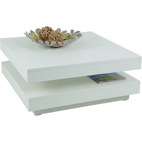 Tische, Table Basse Fonctionnelle de Salon, carrée, en matériau dérivé du Bois avec revêtement en mélamine, Plateau de Table Rotatif à 360°, Blanche, 78 x 78 x 34 cm (1/4)