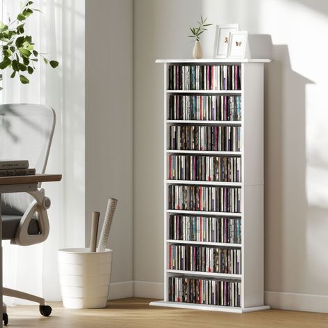 Rangements pour CD et DVD avec 8 compartiments et 6 étagères réglables, capacité max. 360 CD/185 DVD et Blu-ray, blanc (1/5)