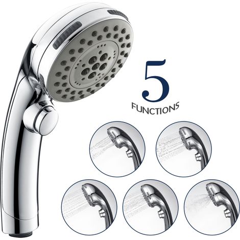 5 jets différents, pommeau de douche haute pression, douche effet pluie avec arrêt automatique de l'eau