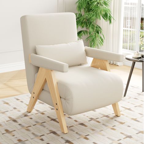 Fauteuil convertible 3-en-1 beige avec fonction lit, dossier 6 positions, coussin lombaire et structure bois-métal, pour salon ou bureau  CHICFURN (1/5)