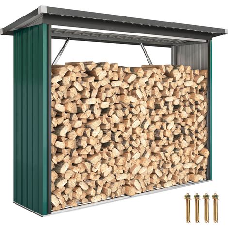 Abri à bois de chauffage extérieur avec toit incliné, support surélevé en acier galvanisé vert, 213x66,5x150cm, couvert et ventilé