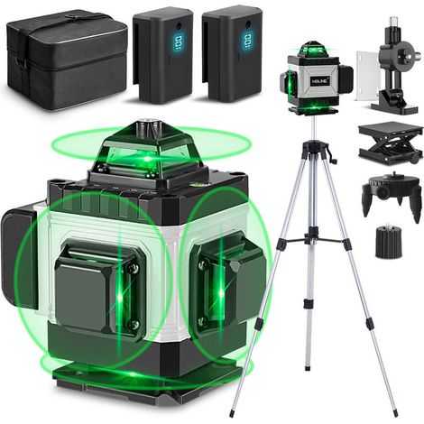 Nivel láser verde 4D de 16 líneas, 360° horizontal/vertical, IP54 con control remoto y estuche de transporte - Trípode de nivel de 150 cm