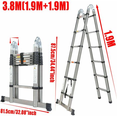 3.8M 12.5FT Échelle télescopique échelle pliante avec stabilisateur, escabeau antidérapant 1.9M + 1.9M échelle en acier inoxydable de haute qualité, échelle polyvalente, capacité de charge jusqu'à 150