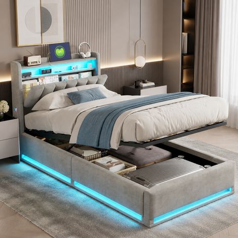 Lit coffre 90x200 cm,lit simple avec rangement hydraulique et LED, tête de lit avec étagère et ports USB, sommier à lattes en bois, lit adulte,velours Gris (1/5)