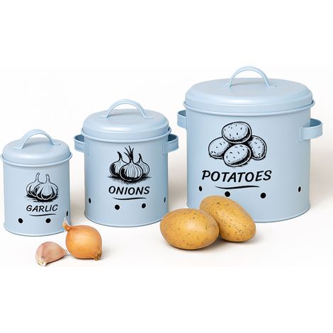 Relaxdays Potato Storage Box, Onions, Garlic, Set of 3, with Lid & Holes, Metal, Onion Pot, Light Blue