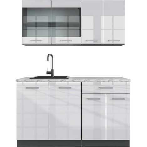 Cucina monoblocco R-Line, Bianco lucido/antracite, 140 cm , PL Marmo, Vicco