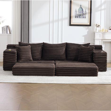 Sofá cama 273x98x87 cm café en pana con respaldo alto, cojines, bolsillos laterales y portavasos (1/5)