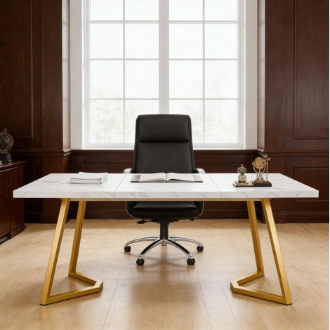 Escritorio de oficina 140 x 80 x 75 cm de metal y madera, efecto mármol, blanco y dorado HAVRYA (1/5)