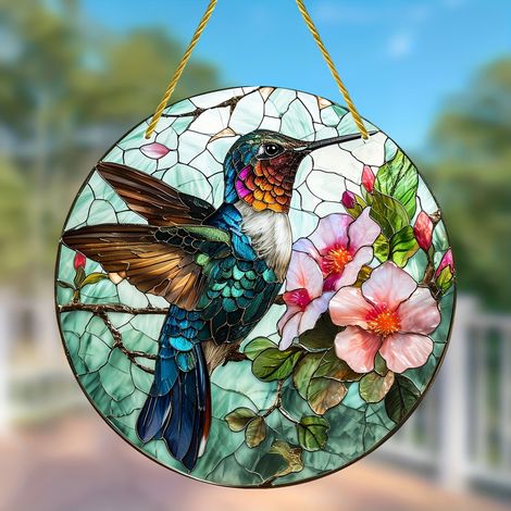 Suspension Fenêtre Colibri - Style Vitrail Vintage - Accroche-Soleil en Acrylique - Décoration Intérieure Extérieure - 1 Pièce (1/5)