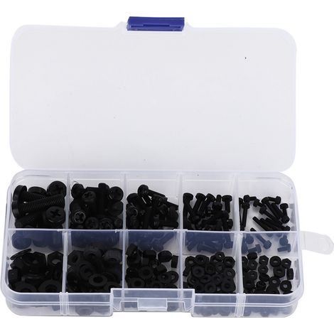 270 pieces/box, assortment of M2/M2.5/M3/M4/M5 nylon screws, nuts and washers, metal fasteners, black (1/5)