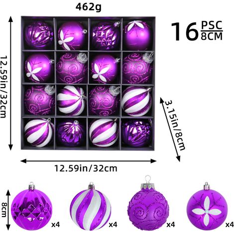 S-giant - Boule De Noel, 16 Pièces Ensemble de Boules De Noel, Décorations Darbre de Noël, Boules De Noël Avec Crochets Suspendus pour Mariage Fête Danniversaire – 8CM-violet (1/5)
