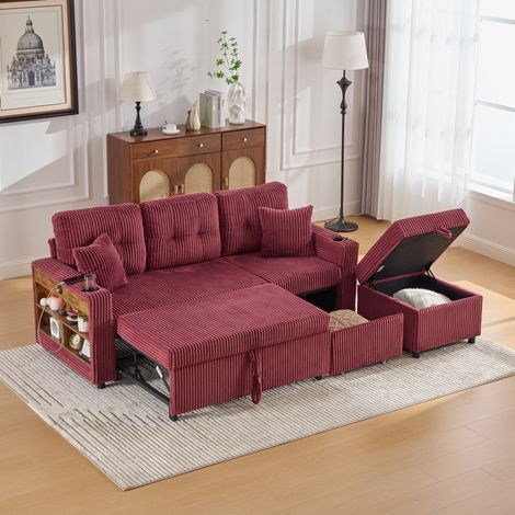 Schlafsofa (196x82-144x85 cm), mit Stauraum, ausziehbar zum Gästebett, USB Typ C Anschluss, LED Beleuchtung, Cordstoff, weinrot (1/5)