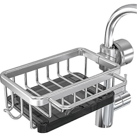 Schwammhalter für die Armatur, Küchenspülen-Organizer, aus Aluminium, abnehmbarer Abtropfkorb mit Haken, silberfarben (1/5)