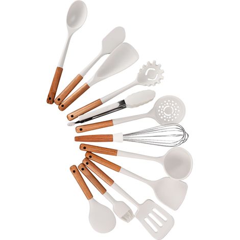 Lot blanc silicone manche bois ustensiles cuisine 12 pièces set nordique ins simple anti-rayure (1/5)