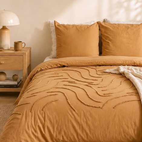 Parure de lit - Housse de Couette 220x240 cm + 2 Taies d'oreiller 63x63 cm motif géométrique – 100% Coton lavé (Courbes Jaunes) (1/5)