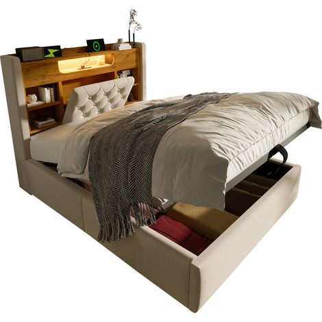 Letto contenitore 90x200 cm in tessuto beige con testiera portaoggetti, LED, USB e USB-C, struttura in metallo e legno chiaro – CHICFURN (1/5)