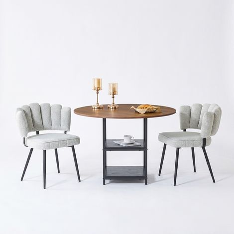 Ensemble table ronde et 2 chaises, plateau effet noyer 107 cm avec double rangement, sièges en bouclette crème et pieds noirs (1/5)