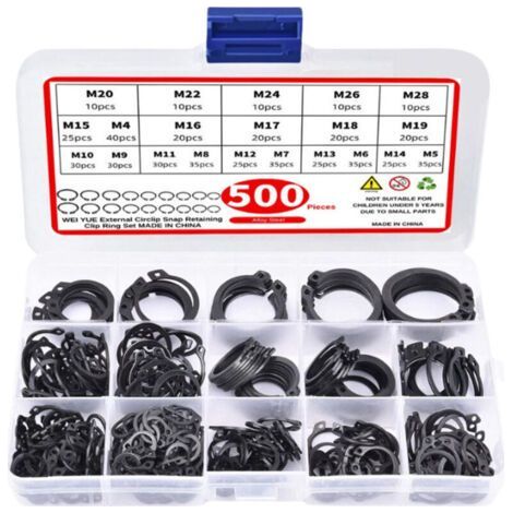 Jeu de 500 circlips métalliques, 20 types de circlips de type E (Φ4/5/6/7/8/9/10/11/12/13/14/15/16/17/18/19/20/22/24/26/28 mm) pour fixation interne et externe (1/4)