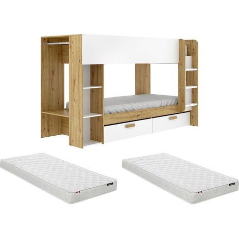 Letto a castello 2 x 90 x 200 cm con contenitori e armadio Bianco e naturale + Materasso - OSANA