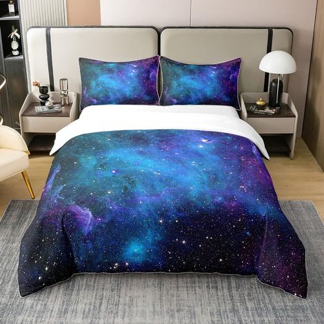 Cotton, Purple Galaxy Duvet Cover 200 x 200 cm, Moon-Star Bedding Set, Starry Sky Bedding Set, Space Night, Black Nebula, Stars Cosmos, Navy Blue (1/5)
