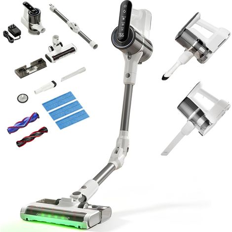 Aspirateur Balai Sans Fil, 15 000 Pa/40 000 RPM/30 Min, Aspirateur Laveur Autoportante avec Tube Pliable, Lumière Verte, Filtration Anti-Allergènes, pour Poils d'Animaux, Tapis, Sols Durs, Voiture (1/5)