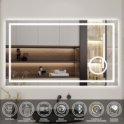 Aica 140x80cm LED miroir de salle de bain tricolore anti-buée + loupe + bluetooth + horloge + mémoire + dimmable