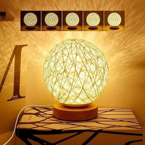 Rotin Lumière de Nuit, Lampe de table en bois avec abat-jour tissé à la main, USB rechargeable, Lampe d'Ambiance de Chambre en Rotin et Bois