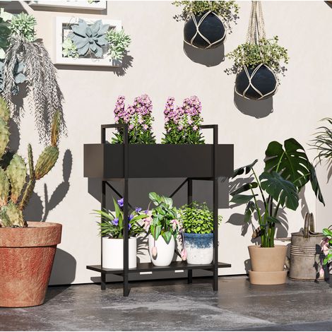 Pflanzenständer 60 x 25 x 70 cm aus schwarzem Metall, 2 Ebenen, für Balkon (1/5)