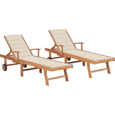 2 pcs Chaises longues avec coussin, Transats, Bain de soleil, Chaises de jardin crème Bois de teck solide ZSE8694 (1/5)