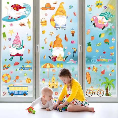 Autocollants Fenêtre Été, Grand Nain de Jardin Plage Fruits Stickers Vitre, Amovibles Statique Verre Autocollant Été Decor pour Chambre d'enfant Fête Maison Fenêtres Portes Verre Boutique École (1/5)
