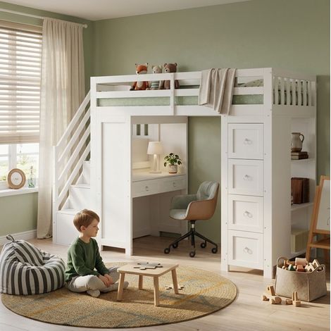 Letto a soppalco moderno per bambini 90x200 cm, legno massello e MDF bianco, con scrivania, 6 cassetti e scaffali (1/5)