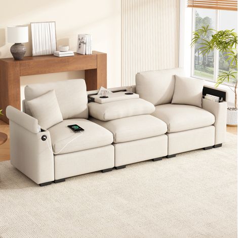 Sofá 3 plazas de chenilla beige 242 cm con mesa abatible, USB, portavasos y compartimentos de almacenamiento (1/5)