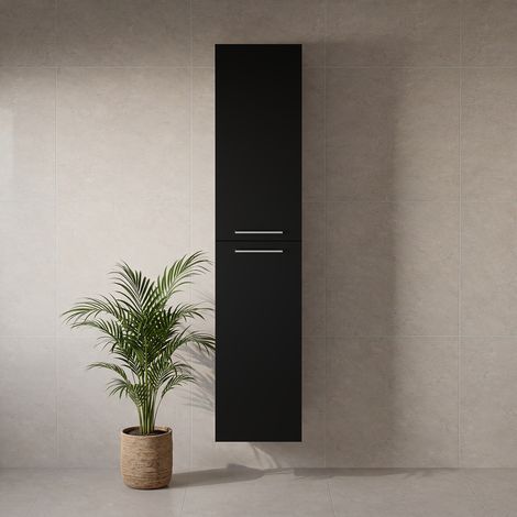 Napoli Matt Black 350mm x 1600mm Wall Mounted 2 Door Storage Unit - 350mm - Chrome 160mm Handle