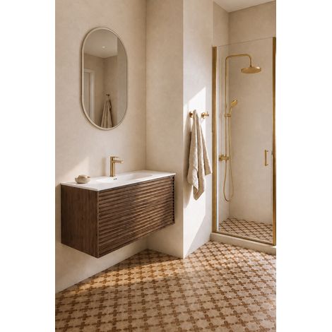 Meuble salle de bain suspendu BONNIE L100 x H46 x P50 cm couleur noyer BASS  + vasque encastrée avec trou robinet