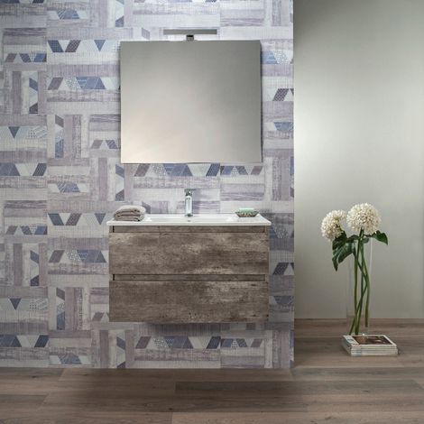 Mobile Bagno Sospeso 80 cm Grigio Cemento 2 Cassetti Lavabo e Specchio (1/5)