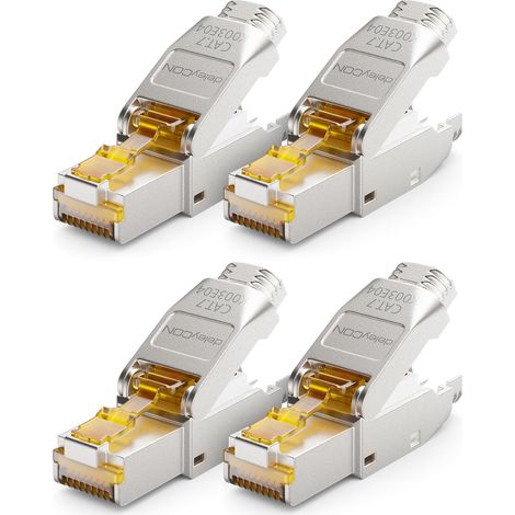 Prise Réseau CAT7 RJ45 - Lot de 4 - Métal Blindé - Montage Sans Outil 10Gbit/s - Pour Câbles Rigides LAN - Argent (1/5)