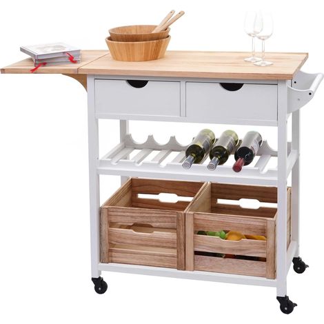 Chariot de service HWC-G35, chariot de cuisine à roulettes bois de pin 89x119x41cm, blanc naturel (1/5)