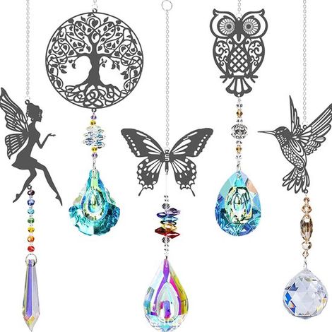 Campanillas de viento de cristal Suncatchers - decoración para ventanas con búhos, colibríes y mariposas - cristal arcoíris - 5 piezas (1/5)