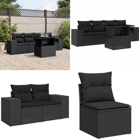 Salon de jardin 5 pcs avec coussins noir résine tressée - Ensemble Salon De Jardin - Meuble Extérieur - Jardin Design - Mobilier Résistant Aux Intempéries - Chaise Lounge - Home & Living (1/5)