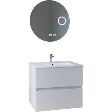 Meuble vasque ROSALY INOX 60 cm + miroir Rondinara- Blanc- Plan vasque en Céramique
