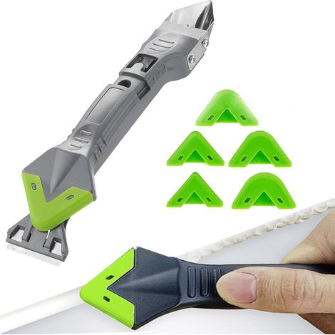 Kit d'outils de dissolvant de silicone vert 5 en 1, dissolvant de mastic de silicone, grattoir de nettoyage multi-usages, grattoir adhésif pour éliminer les taches et les rayures de silicone.