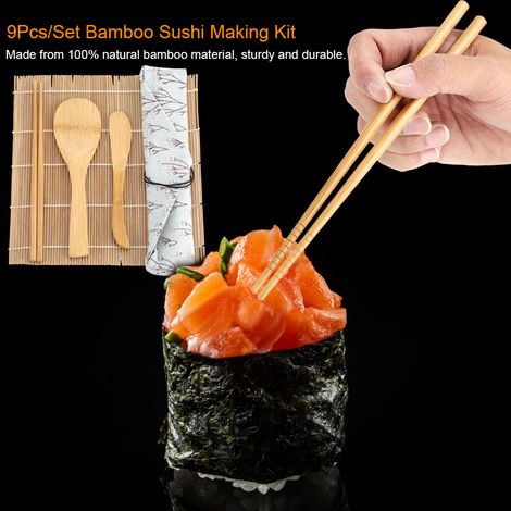 Kit de fabrication de sushis en bambou (9 pièces) : 2 tapis de roulage, 5 baguettes, 1 spatule et 1 lame à sushi. (1/5)